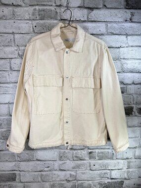 Zara Men Medium Cream Ecru Denim Trucker Jacket Snap Button Overshirt